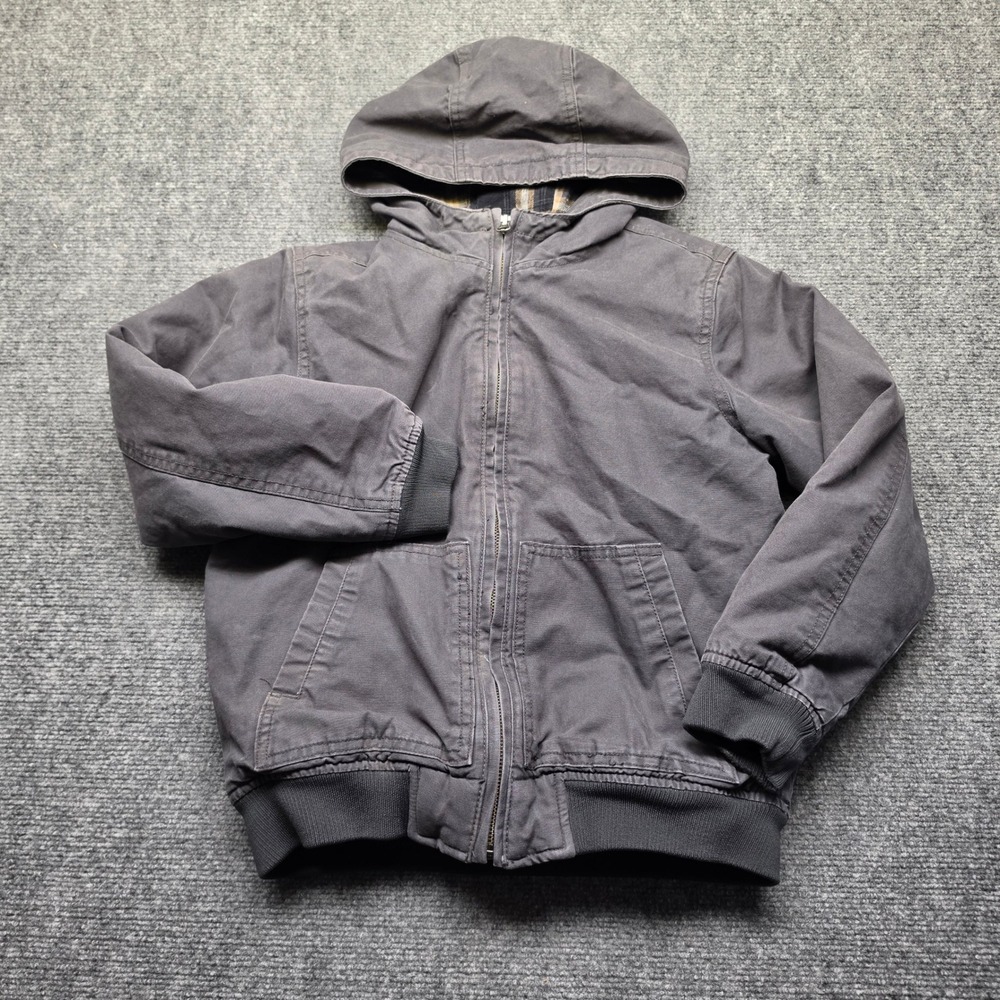 Old Navy Kids Grey Canvas Hooded Jacket Plaid Lined Workwear Coat Large 10-12